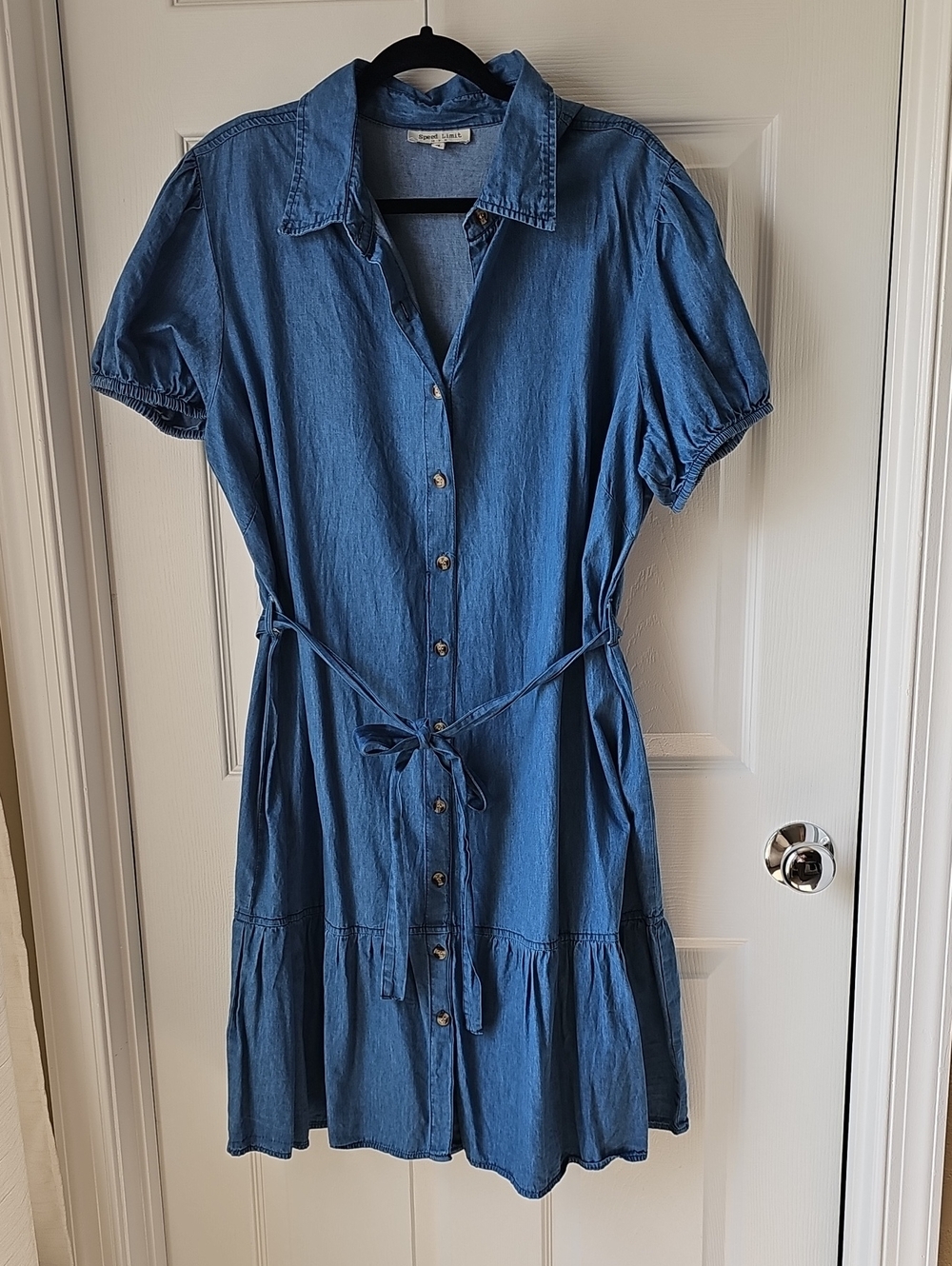 Denim-Style Button-Front Midi Dress with Tie Waist - Blue
